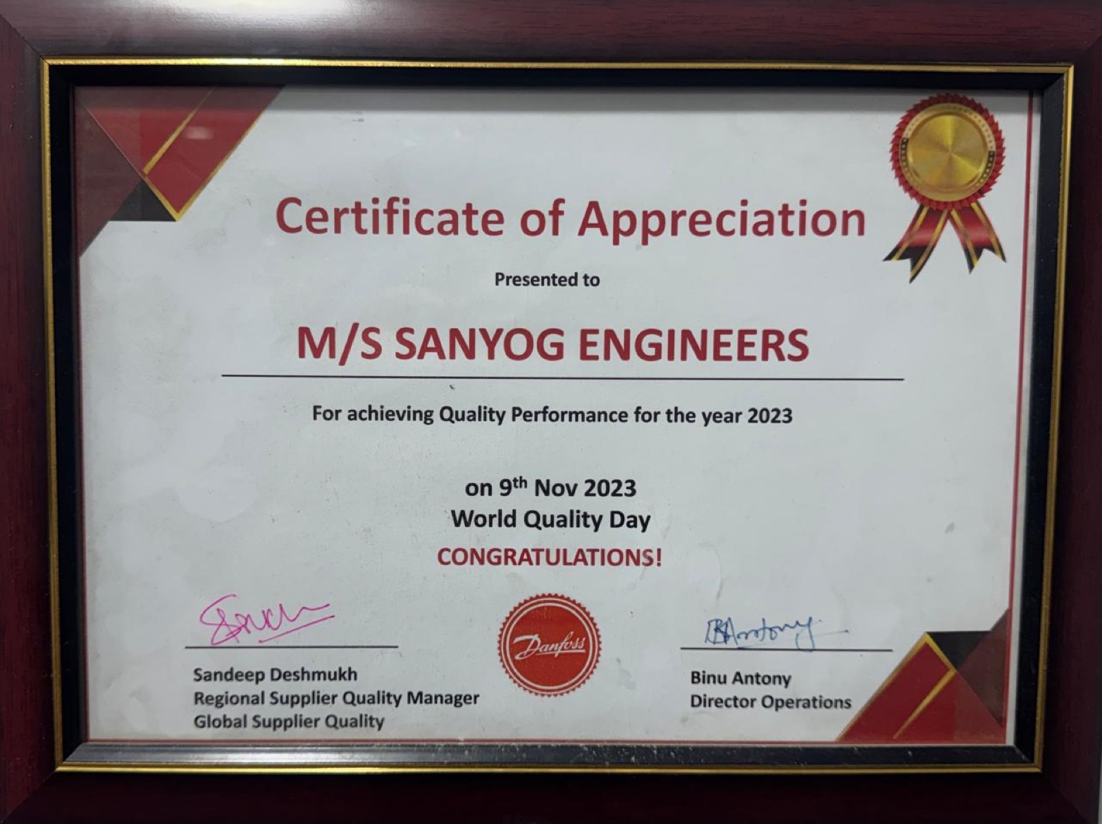 Danfoss Certificate of Appreciation presented to Sanyog Engineers for quality performance in 2023